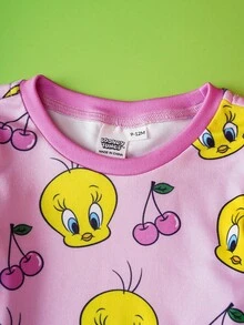 LOONEY TUNES X SHEIN 2 件套女婴卡通小鸟和樱桃印花粉色可爱甜美风格长袖 T 恤和紧身裤睡衣套装 - 彩色 - 查看 4