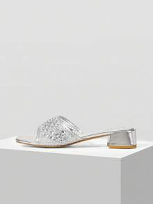 MOTF WOMEN SHOES NEW FRENCH RETRO FASHION SQUARE TOE MESH HOT DRILL HOLLOW THICK HEEL SANDALS, SILVER ELEGANT AND COMFORTABLE VERSATILE SUMMER - Silver rhinestones - View 6