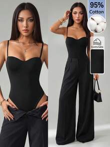 SHEIN PETITE 95%棉、加墊、免內衣、休閒、極簡、復古、優雅、百搭，適合上班、海灘裝、度假穿搭，女款夏季套裝，性感無肩帶露背女式連身衣 - 黑色 - 查看 1