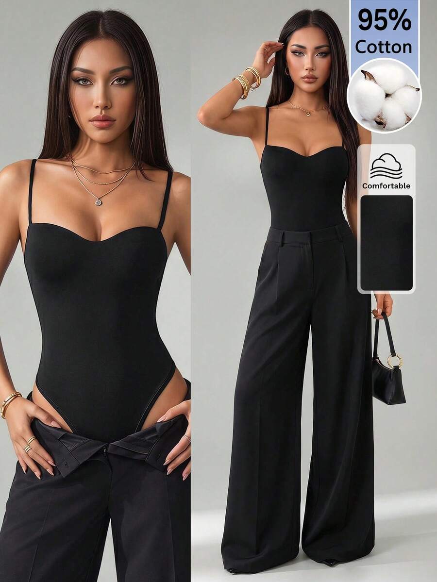 SHEIN PETITE 95%棉、加墊、免內衣、休閒、極簡、復古、優雅、百搭，適合上班、海灘裝、度假穿搭，女款夏季套裝，性感無肩帶露背女式連身衣 - 黑色 - 查看 1