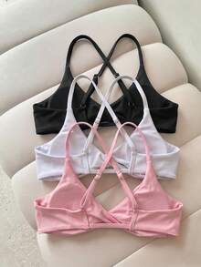 SHEIN Swim Atasan Bikini 3 Potong Wanita Warna Polos dengan Tali Bahu Tipis dan Desain Silang Terpilin untuk Musim Semi/Panas - MultiWarna - View 3