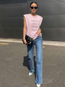 DAZY 女款休閒日常字母刺繡圓領T恤，夏季圖案短袖上衣 - 淺粉色 - 查看 6