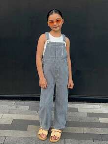 DAZY Loose Striped Denim Overalls For Young Girls Denim Overalls And Jumpsuits - Blue - View 2