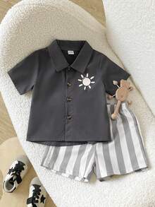 SHEIN Playful Pals Set Baju Bayi Laki-laki: Kardigan Lengan Pendek dengan Saku Tempel dan Celana Pendek - Grey - View 8