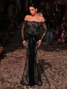 Aureia Elegant Romantic Hazy Blue Off-Shoulder Lace Trim Long Sleeve Sheer Waist Twist Detail Ruffle Hem Bodycon Mermaid Skirt Suitable For Influencer Dating Vacation Bachelorette Party Wedding Party Celebration Heavy Work Evening Gown (Heavy Work Design) - Black - View 6