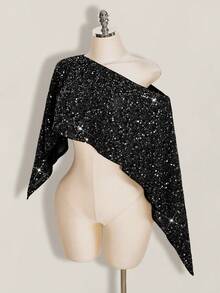 SHEIN ICON 女款單肩亮片休閒性感百搭上衣，適合日常、夜晚外出、派對、夜店、出遊，黑色夏季款 - 黑色 - 查看 3