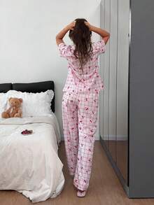 Napfluff 甜美櫻桃印花翻領睡衣套裝，清新格紋舒適居家服 2 件組 - 粉色 - 查看 3