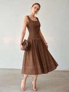 MOTF PREMIUM WOMEN'S FOLDED PLEATED SLEEVELESS DENIM EFFECT DRESS - Brown - View 1