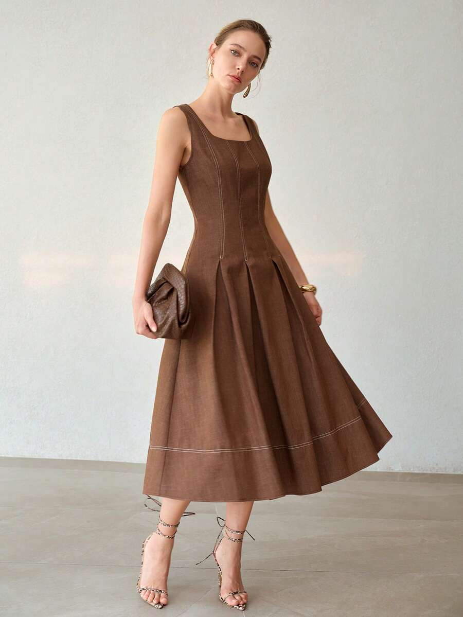 MOTF PREMIUM WOMEN'S FOLDED PLEATED SLEEVELESS DENIM EFFECT DRESS - Brown - View 1