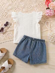 SHEIN Baby Girl Summer Cute White Top And Elastic Waist Shorts Set - Multicolor - View 5