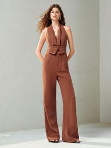MOTF PREMIUM WOMEN'S V-NECK LACE TRIM HALTER NECK 2 IN 1 JUMPSUIT OFFICE WORK BROWN SUMMER ELEGANT - Brown - View 1