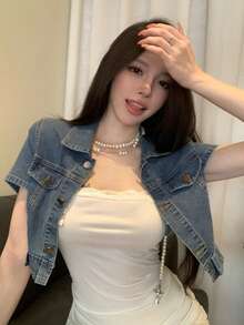 DAZY Camisa vaquera casual de mujer, azul lavado, manga corta, estilo urbano, adecuada para primavera y verano - Azul - Ver 8