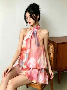 Tween Girl Floral Print Ruffle Hem Halter Neck Vacation Dress - Multicolor - View 3