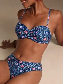 Swim Lushoire 春夏新款女式隨機印花細肩帶後綁帶聚攏胸部時尚泳衣2件套 - 彩色 - 查看 6