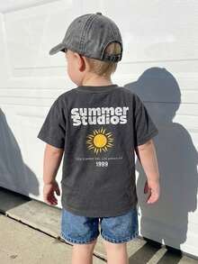 SHEIN Playful Pals Baby Boy Toddler Casual Cute Dinosaur Outfit, Cartoon Print T-Shirt, Light Blue Denim Shorts, Suitable For Children's Daily Casual Wear Clothing Set, Boy Outfit, Autumn Boy Clothing, Suitable For 3-Year-Old Boy Clothing, Baby Boy Clothing, Autumn Baby Boy Clothing - Dark Grey - View 3