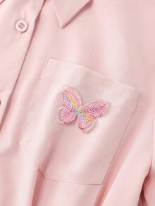 SHEIN Women's Elegant Solid Color 3D Butterfly Decor Cinched Shirt Collar Long Sleeve Blouse - Pink - View 5