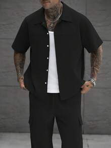 SLATEMANN 男士素色單排扣短袖襯衫與口袋長褲套裝，時尚款 - 黑色 - 查看 3