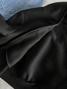 SHEIN 青少年女孩寬鬆休閒街頭風簡約舒適日常街頭風連帽修身前口袋短版長袖衛衣秋季外套 - 黑色 - 查看 5