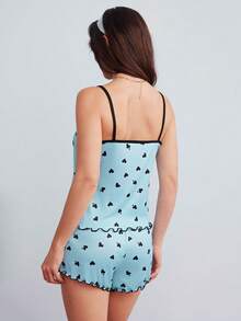 Elorette 2pcs Valentine's Day Contrast Color Ruffles Heart Print Camisole And Shorts Pajama Set - Blue - View 2