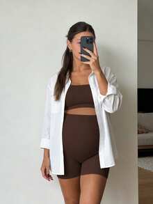 SHEIN Maternity Solid Color Top And Adjustable Shorts Casual Daily Sports Set - Coffee Brown - View 5
