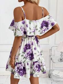 SHEIN Clasi Gaun Cami Wanita Motif Bunga dengan Hem Berkerut untuk Kencan dan Liburan - Purple - View 2