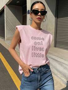DAZY 女款休閒日常字母刺繡圓領T恤，夏季圖案短袖上衣 - 淺粉色 - 查看 8