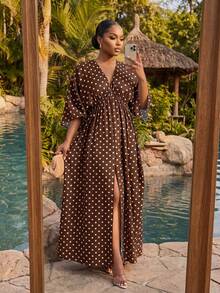 SHEIN Lady Plus Size Elegant Brown Polka Dot Robe, Summer All-Over Print Deep V-Neck Slit High Waist Vacation Dress, Tropical Hawaiian Style - Multicolor - View 3