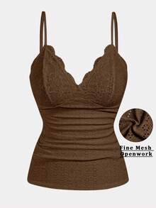 Sweetra CURVE Plus Size Casual Solid Color Lace Splicing Spaghetti Strap Top - Brown - View 1