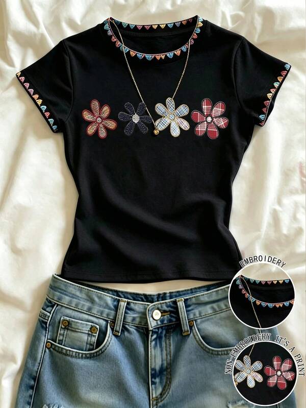 IslaSuriya Women's Colorful Embroidered Floral Round Neck Casual Versatile Short Sleeve T-Shirt