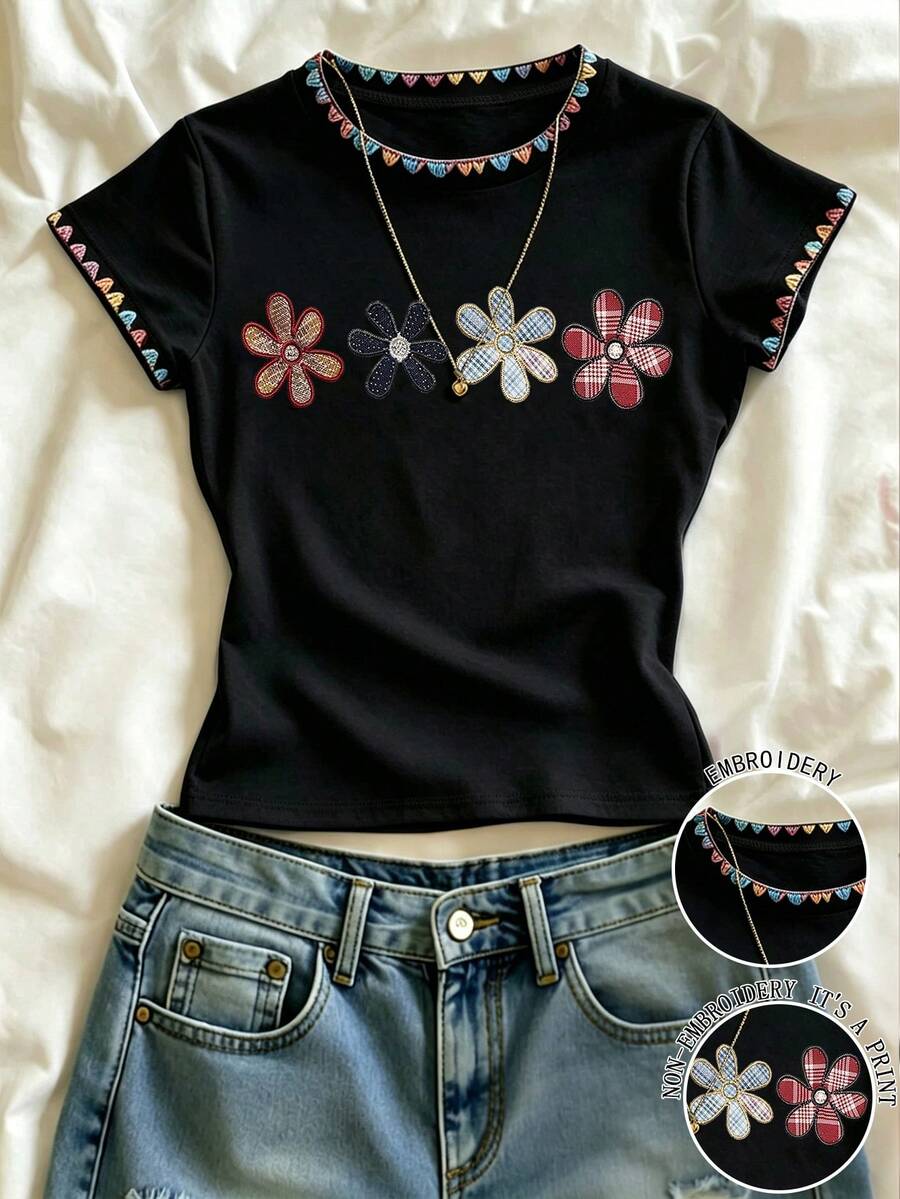 IslaSuriya Women's Colorful Embroidered Floral Round Neck Casual Versatile Short Sleeve T-Shirt - Black - View 1