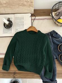 SHEIN LMoss Kids Sweater Rajut Leher Bulat Warna Polos Klasik untuk Anak Laki-Laki, Cocok untuk Musim Gugur/Musim Dingin - Dark Green - View 3