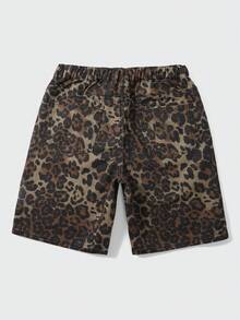 ROMWE MEN Street Life Teen Boy Leopard Print Rhinestone Decor Button Half-Placket Elastic Waist Back Pocket Denim Shorts - Multicolor - View 2