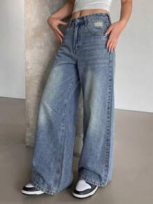 DAZY Women's Casual Basic Everyday Swimming Rhinestone Letter Pattern Washed Wide Leg Jeans With Slant Pockets Back-To-School White Summer - Dark Wash - View 2