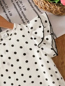 SHEIN Young Girl Polka Dot Print Ruffle Sleeve Round Neck Back Cutout Top, Suitable For Summer Wear. - Apricot - View 7