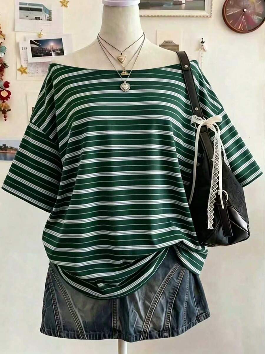 Lalippa Women's Striped Patchwork Color Casual Versatile Daily Outing T-Shirt - Black - View 1