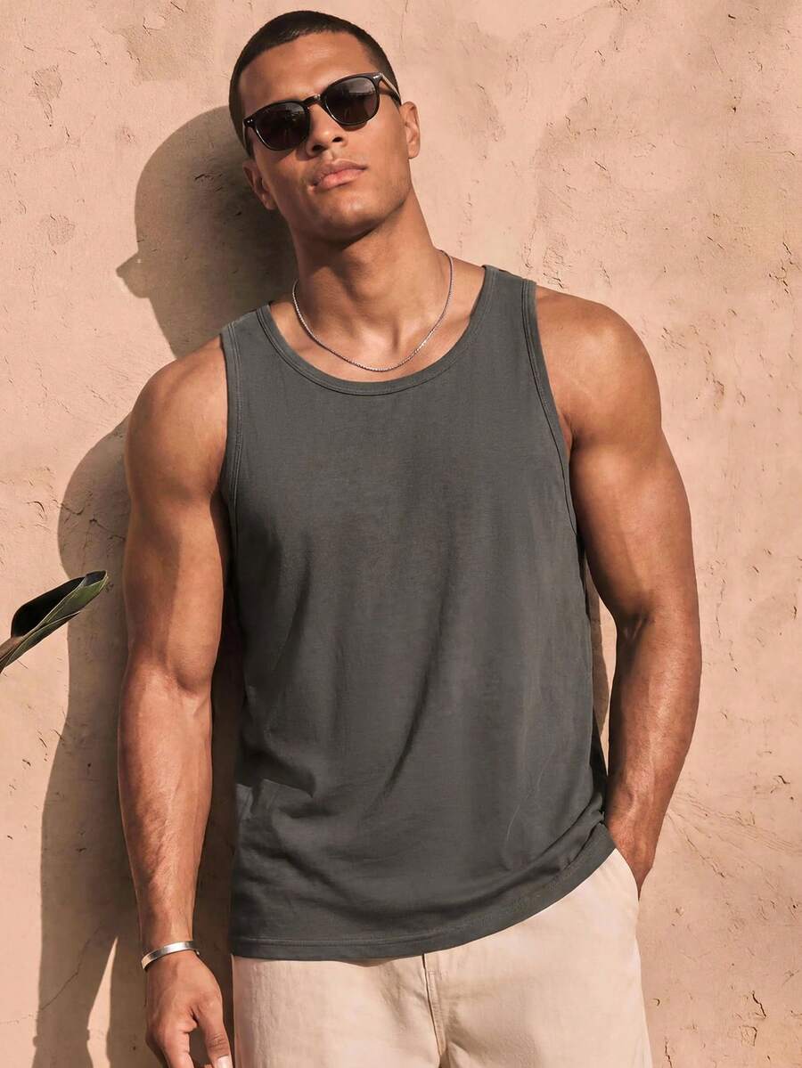 Ocevento Men's Solid Color Crew Neck Casual Versatile Tank Top