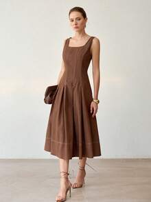 MOTF PREMIUM WOMEN'S FOLDED PLEATED SLEEVELESS DENIM EFFECT DRESS - Brown - View 4