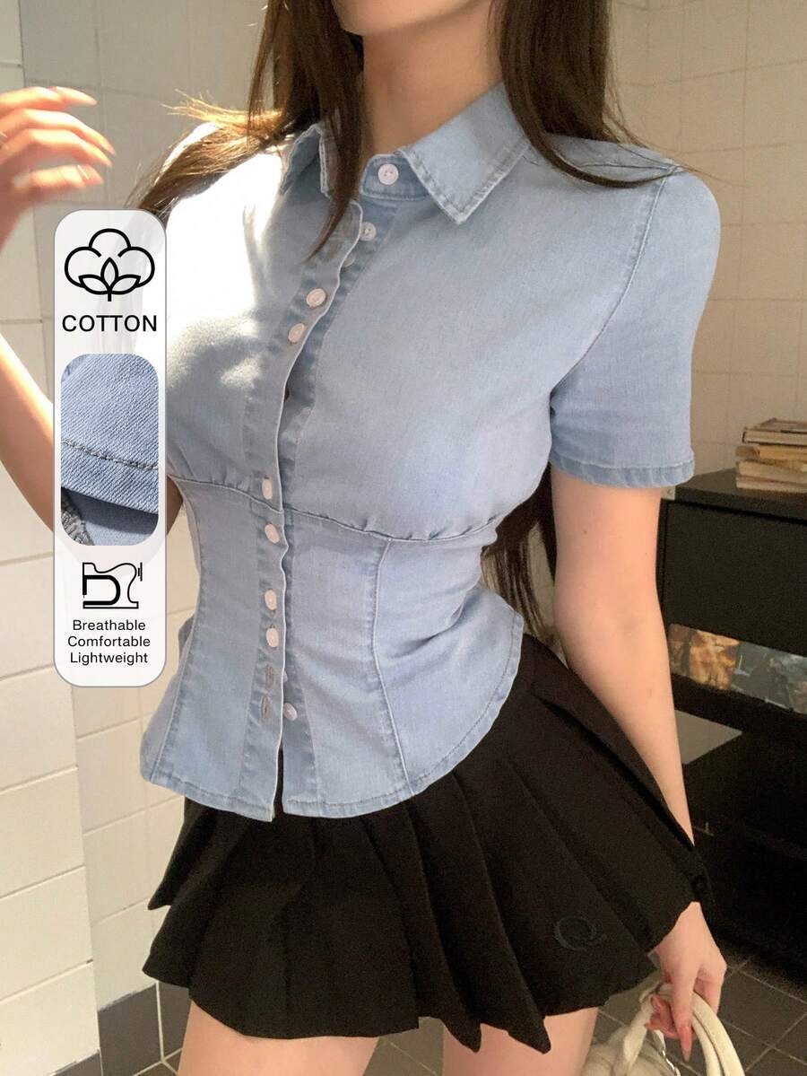 DAZY Women's Casual Preppy Denim Shirt, Light Blue, Short Sleeve, Street Style, Suitable For Spring And Summer Back-To-School Student - Blue - View 1