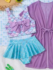 SHEIN Kids Young Girl Fish Scale Print Bow Decor Bikini And Triangle Bottom Two-Piece Swimsuit Set With Cover-Up Dress Baby Yellow Summer - Multicolor - View 5