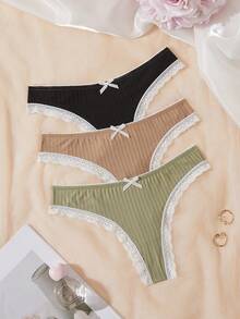 SHEIN 女款蕾絲拼接蝴蝶結裝飾休閒日常丁字褲 - 彩色 - 查看 1
