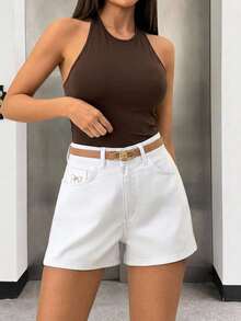 SHEIN Hochtailliger Regular Fit Lässig Stil Knopfverschluss Weiß Rohe Waschung Jeans Shorts - Weiss - Übersicht 1