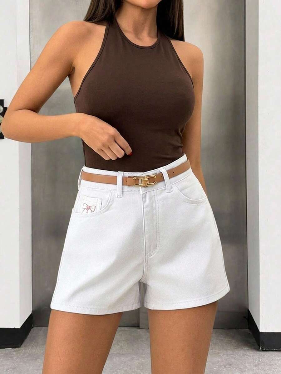 SHEIN Hochtailliger Regular Fit Lässig Stil Knopfverschluss Weiß Rohe Waschung Jeans Shorts - Weiss - Übersicht 1