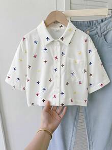 SHEIN 少女編織蝴蝶結圖案休閒襯衫 - 彩色 - 查看 1