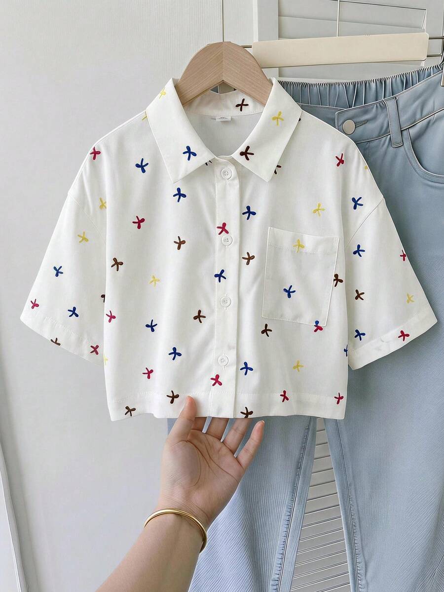 SHEIN 少女編織蝴蝶結圖案休閒襯衫 - 彩色 - 查看 1