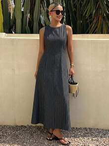 Livesso Women's Vintage Washed Dark Grey Striped Waist Splice Casual Vacation Minimalist Beach City Break Elegant Commute Loose Straight Midi Denim Dress, - Grey - View 5