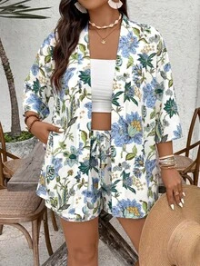 SHEIN VCAY 大尺碼女款夏季印花襯衫短褲兩件套，寬鬆和服風海灘島嶼休閒短套裝 - 藍色 - 查看 4
