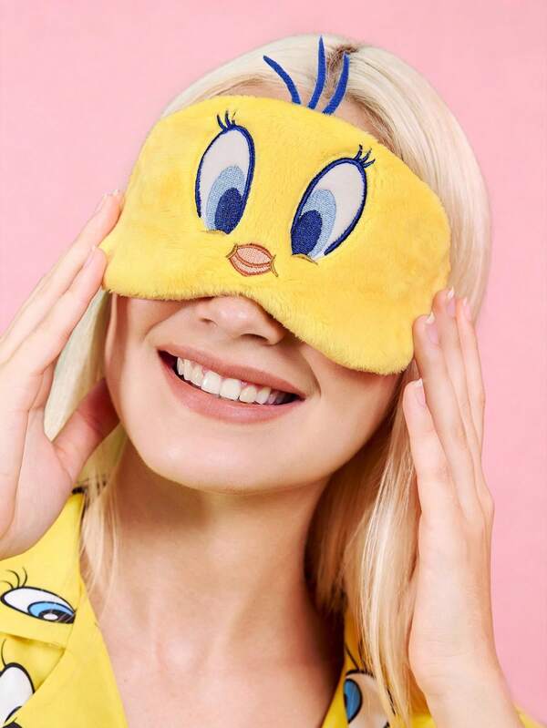 LOONEY TUNES X SHEIN 1 chiếc mặt nạ ngủ hình Tsuritama mắt to dễ thương, thêu thủ công, vải nhung mềm mại, thoải mái, chắn sáng tốt, cần thiết cho du lịch, ngủ trưa, ngủ đêm, kỳ nghỉ.