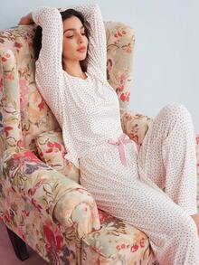 Elorette Polka Dot Drop Shoulder Bow Front PJ Set / Pajama Set White Set, Fall Winter Clothes Cozy And Elegant Details - White - View 7