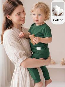 PrepCrw 2pcs Baby Boy/Girl Dark Green Summer Casual Work Soft Elastic Knit Crew Neck Short Sleeve Top And Pants Set,Decorative Embroidered Outing Vacation - Green - View 5