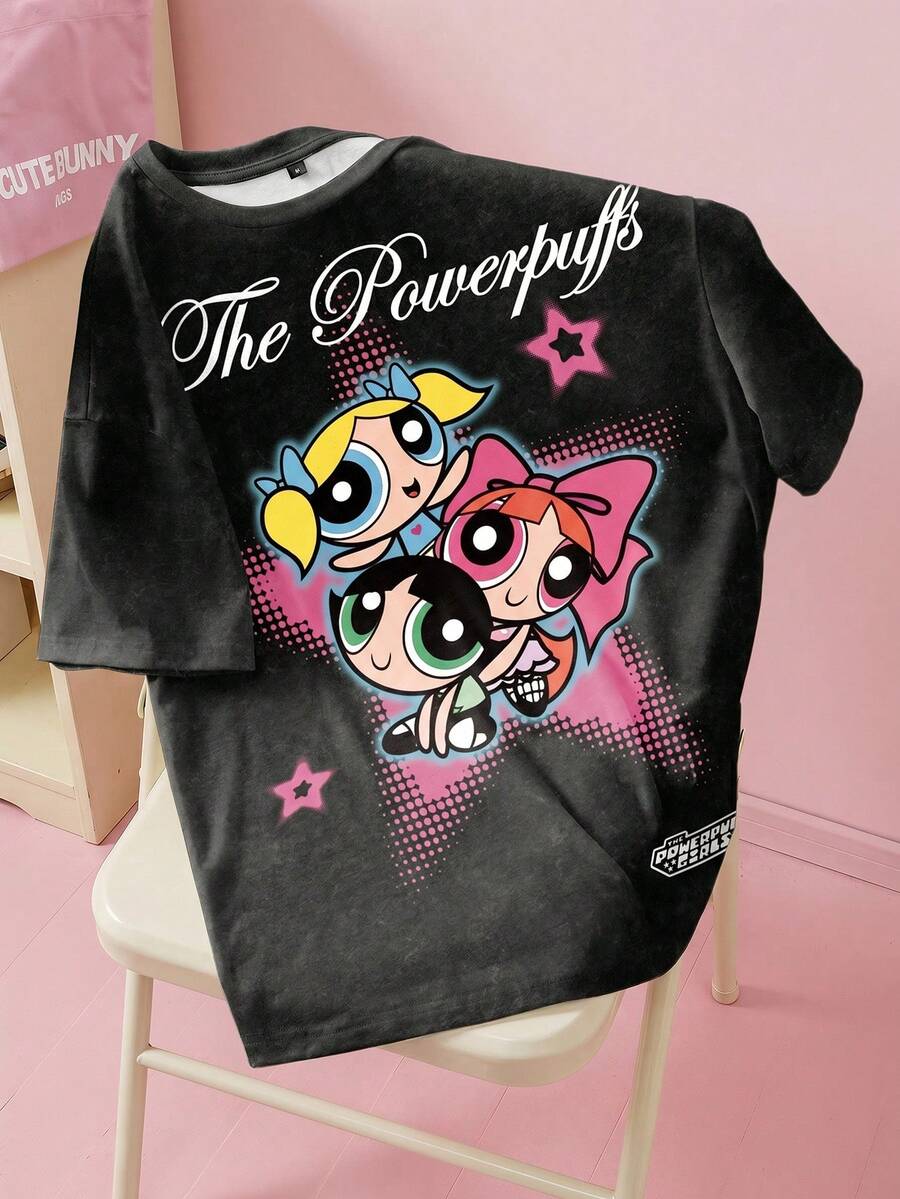 THE POWERPUFF GIRLS X SHEIN 女士圆领短袖休闲T恤 - - 白色 - 查看 1